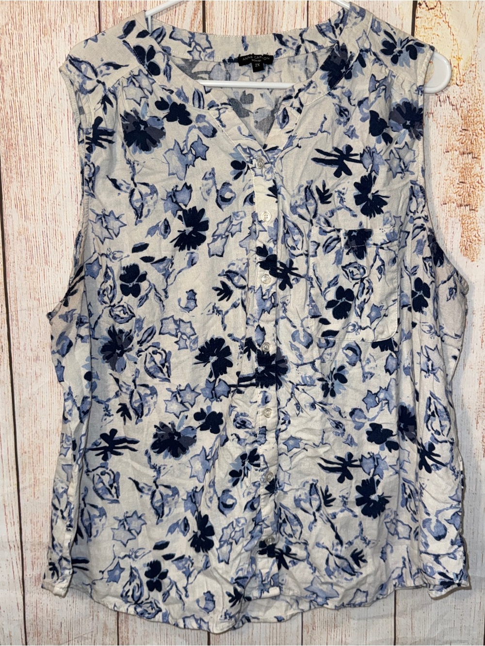 Anne Carson Blue Floral linen blend Sleeveless Button-Front Top women’s Sz 2X
